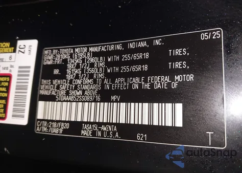 2025 Toyota Grand Highlander Le из США, поврежденный, VIN 5TDAAAB52SS089716